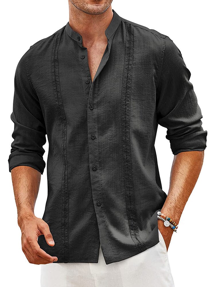 Koszula lniana z kołnierzykiem stójkowym, dopasowana do sylwetki, męska