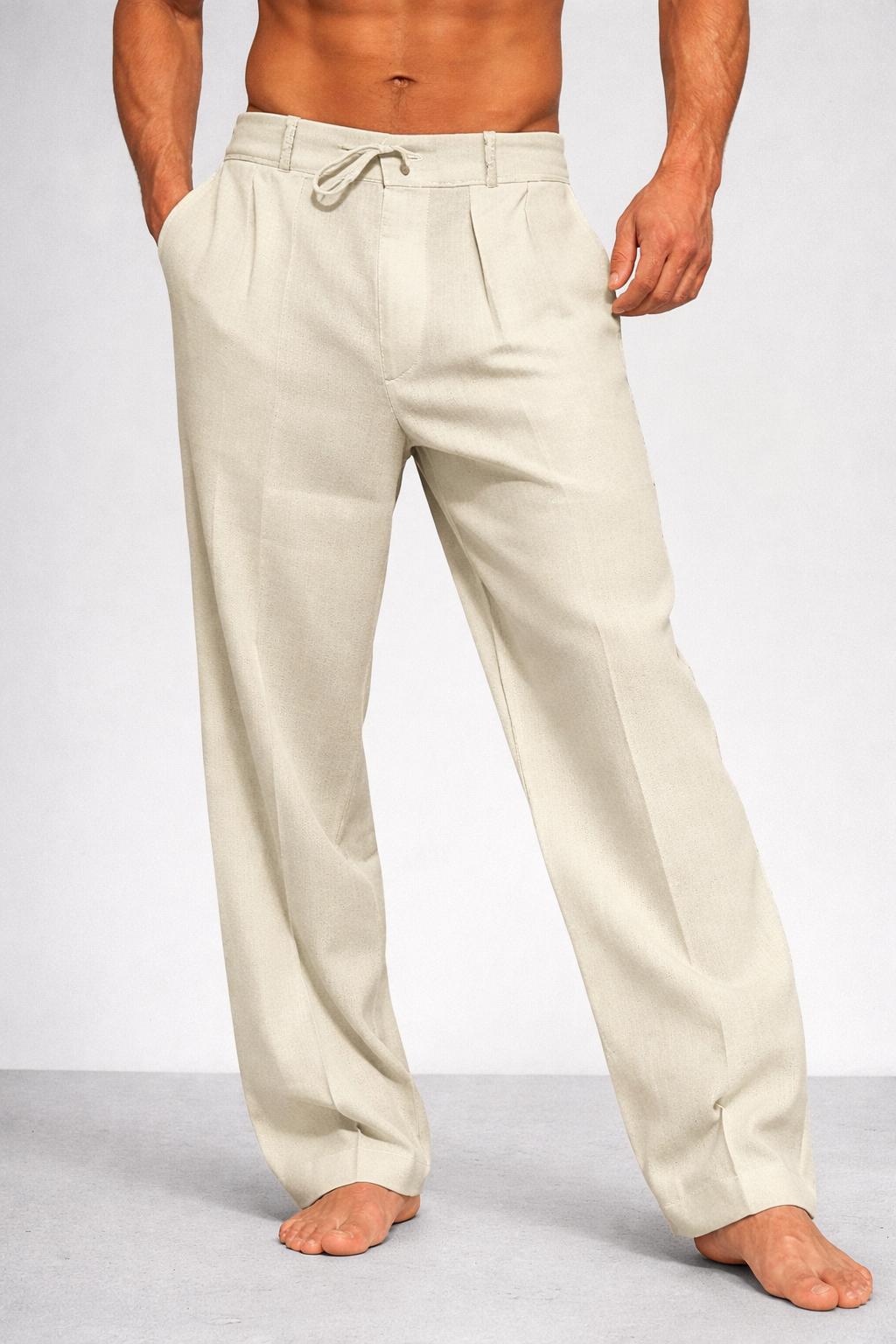 Spodnie bawełniane lniane ze ściągaczem, luźne, męskie
