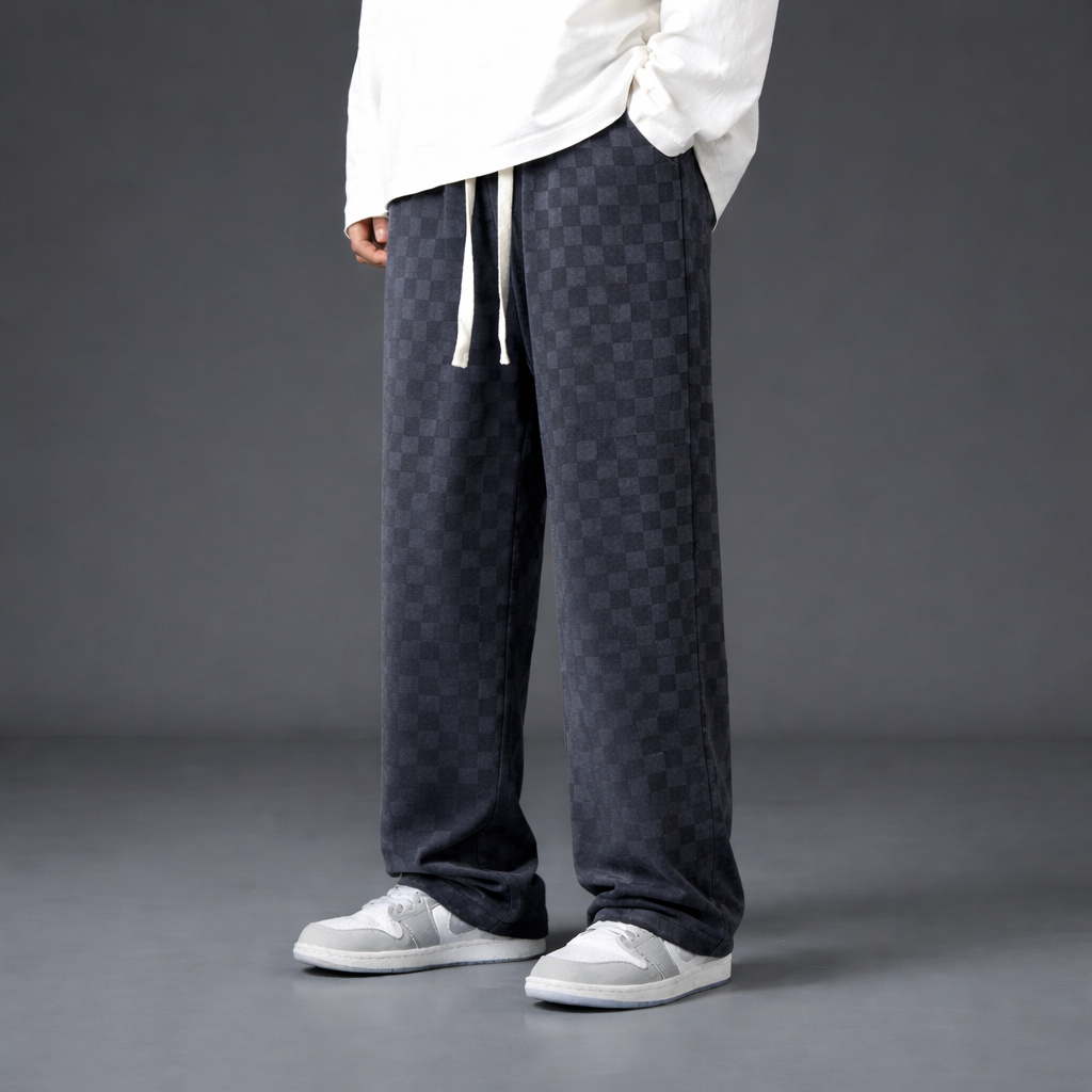 Męskie spodnie bawełniane w kratę o luźnym kroju