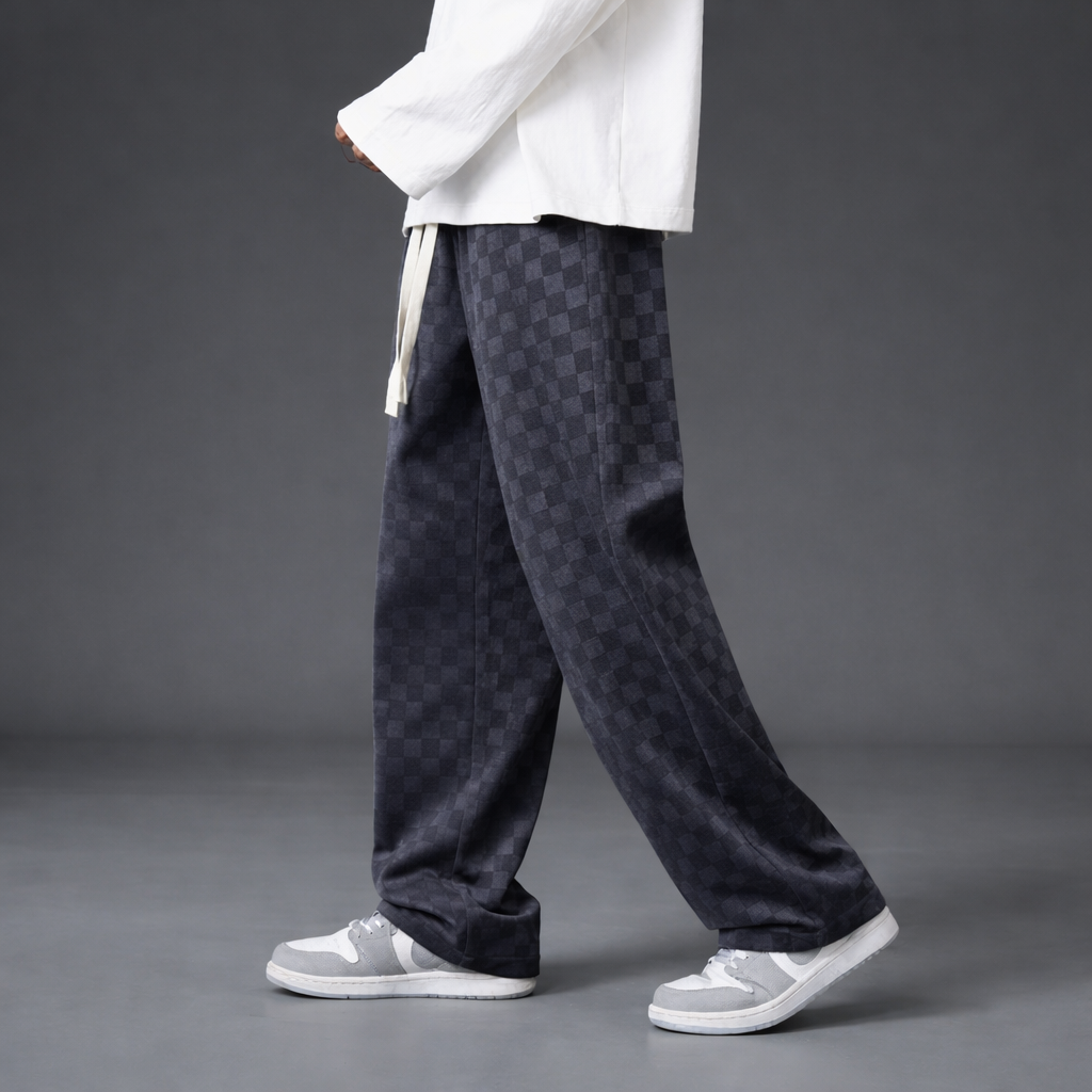 Męskie spodnie bawełniane w kratę o luźnym kroju