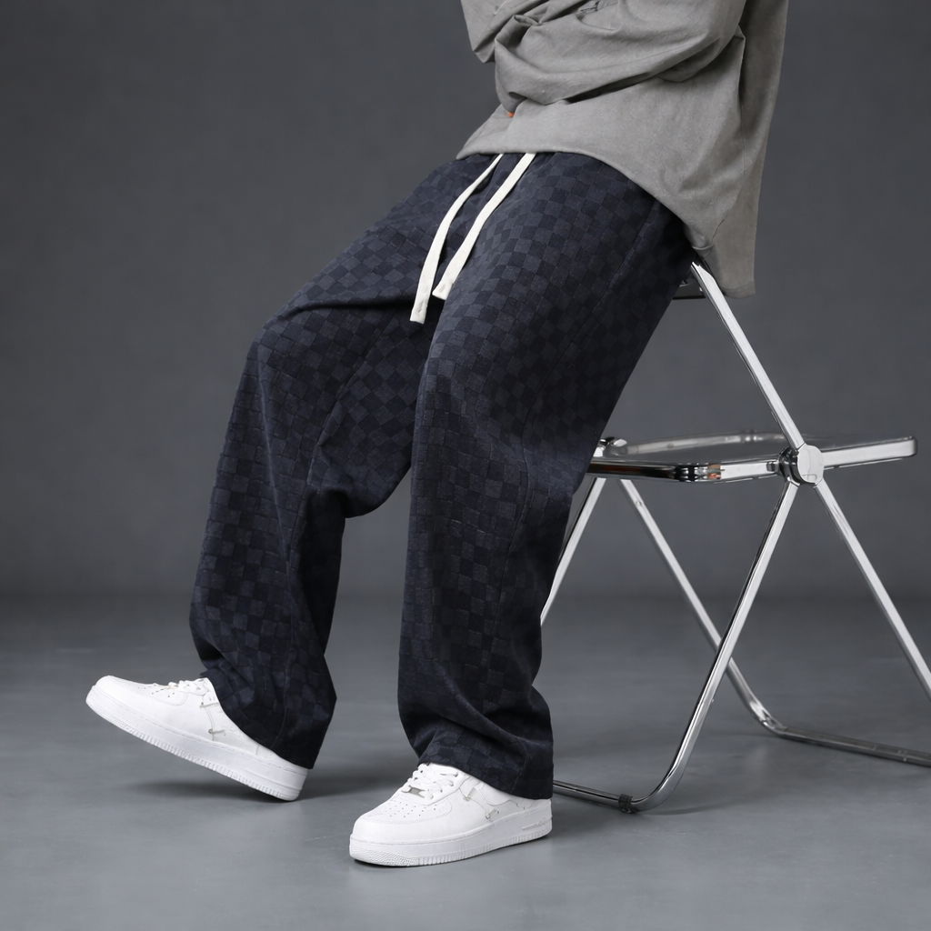 Męskie spodnie bawełniane w kratę o luźnym kroju