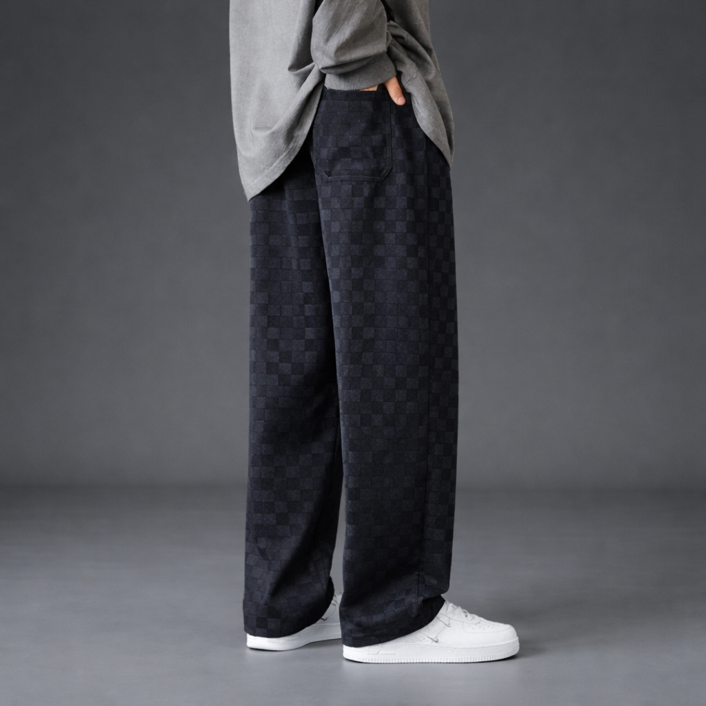 Męskie spodnie bawełniane w kratę o luźnym kroju