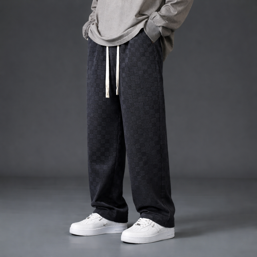 Męskie spodnie bawełniane w kratę o luźnym kroju