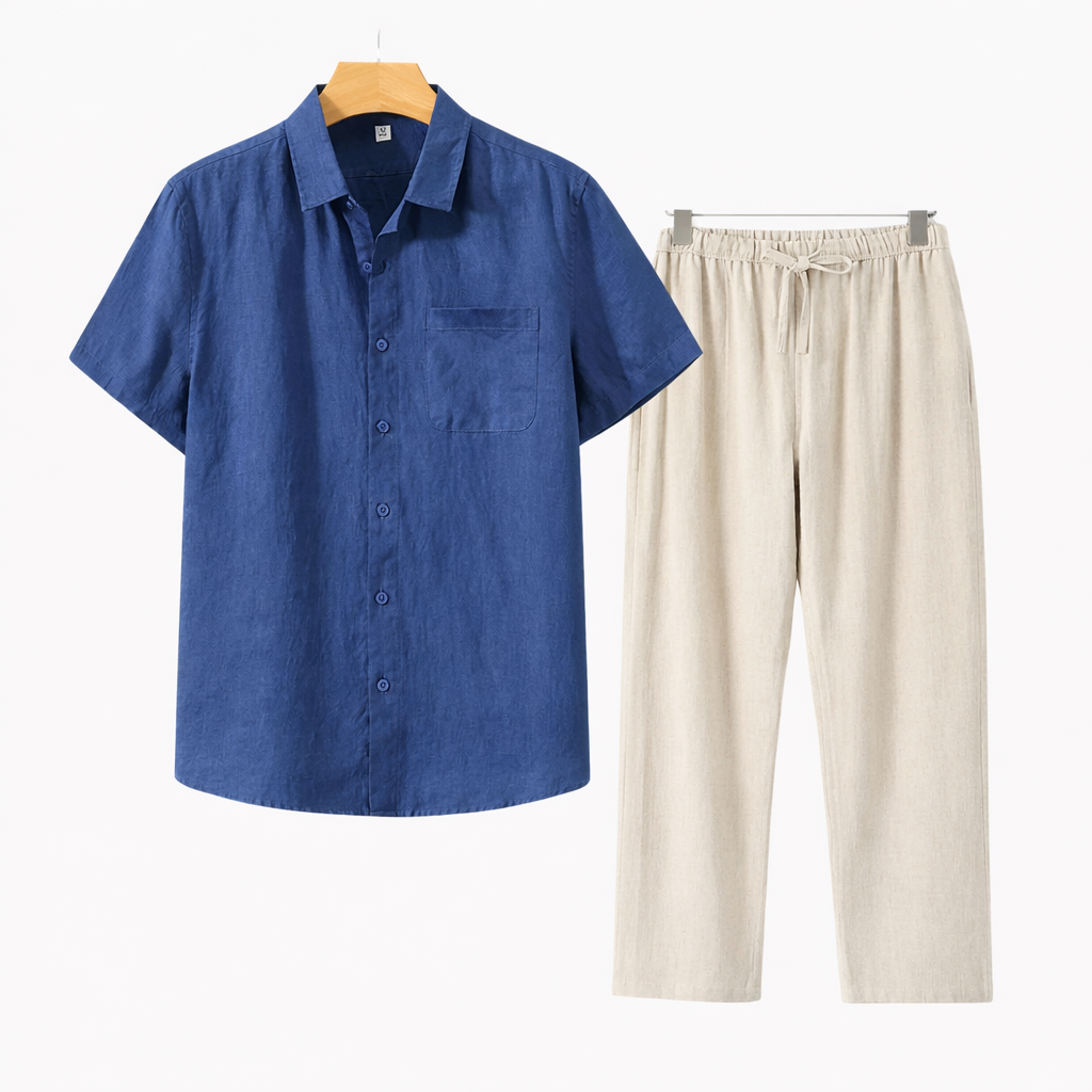 Koszula bawełniana, spodnie lniane, zestaw dla mężczyzn
