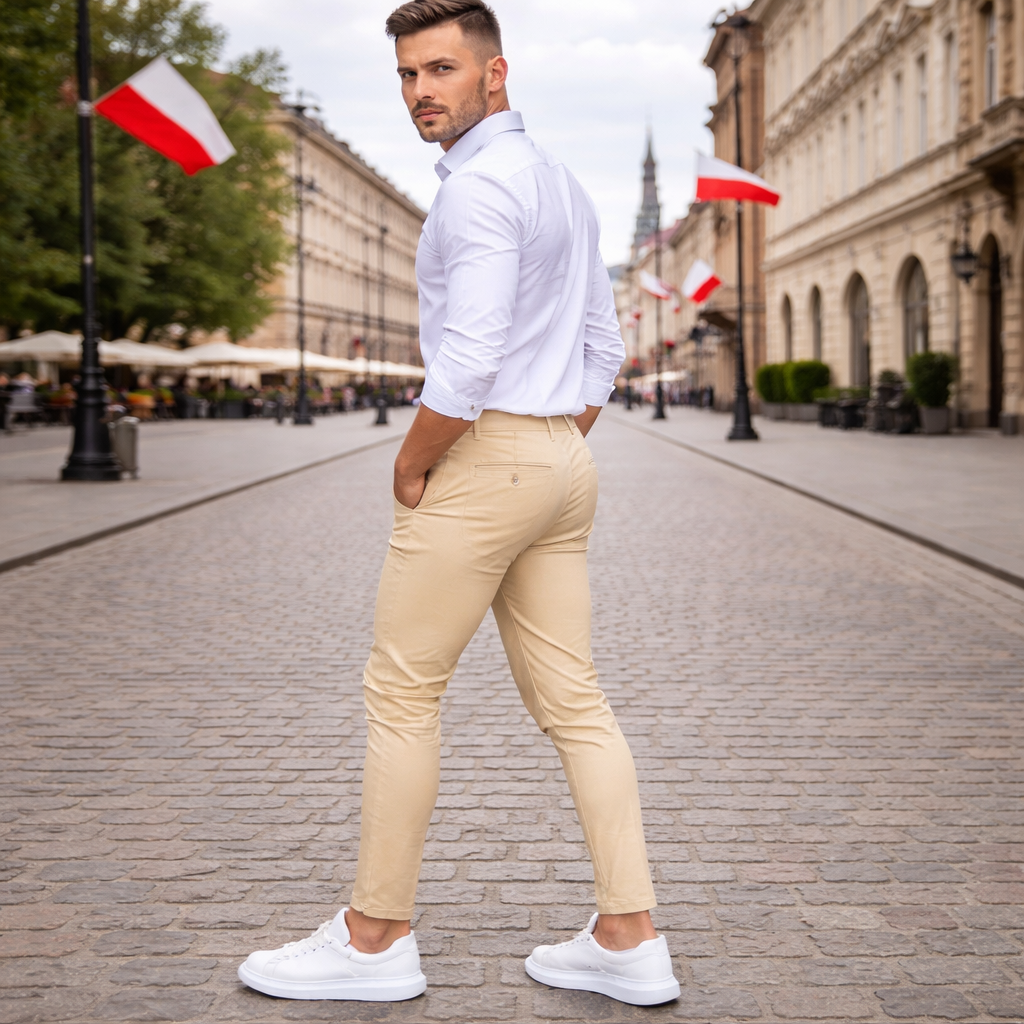 Męskie spodnie o dopasowanym kroju z zwężanymi nogawkami