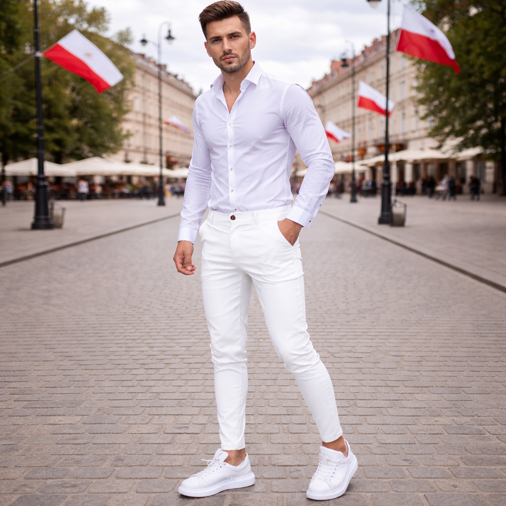 Męskie spodnie o dopasowanym kroju z zwężanymi nogawkami