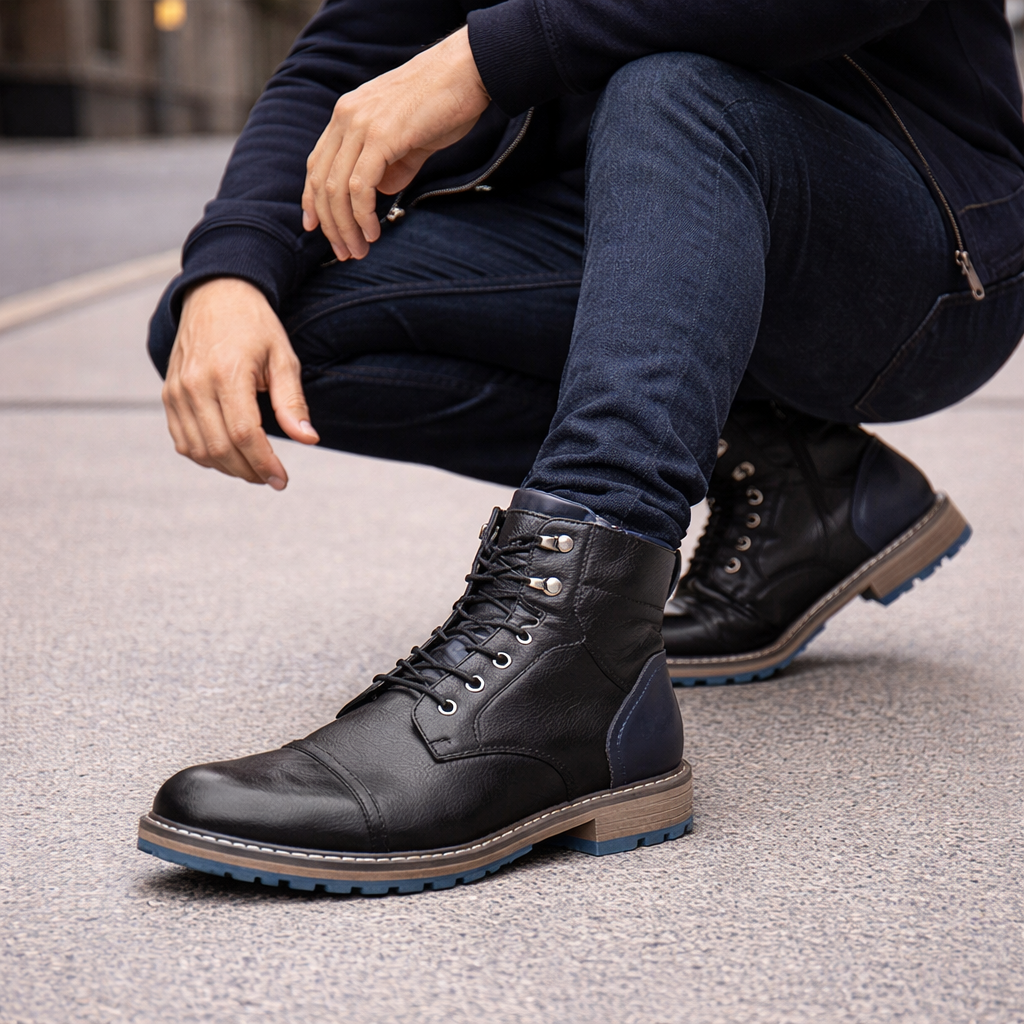 Męskie botki za kostkę z sznurowaniem z sztucznej skóry