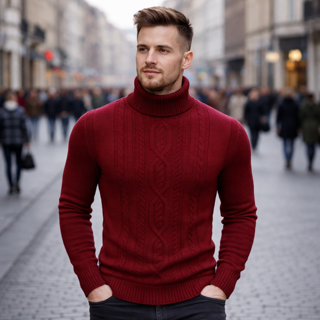 Sweter z warkoczowym splotem i wysokim kołnierzem, dopasowany krój