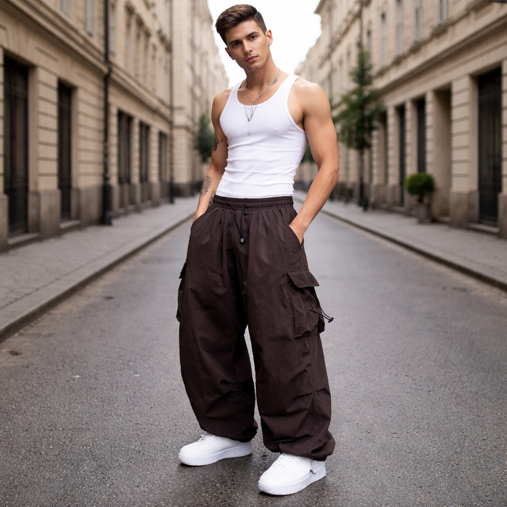 Bawełnowe Spodnie Cargo Szerokie Nogi Luźny Krój