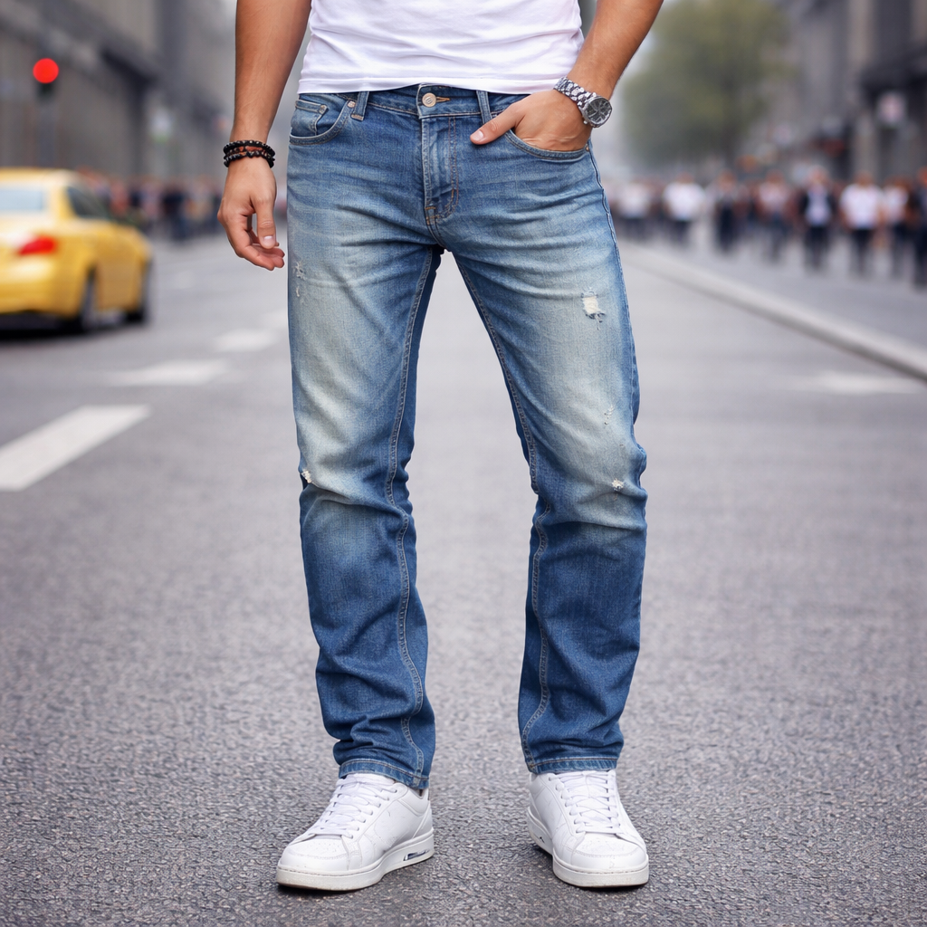Męskie dżinsy slim fit z efektem postarzenia i sprania