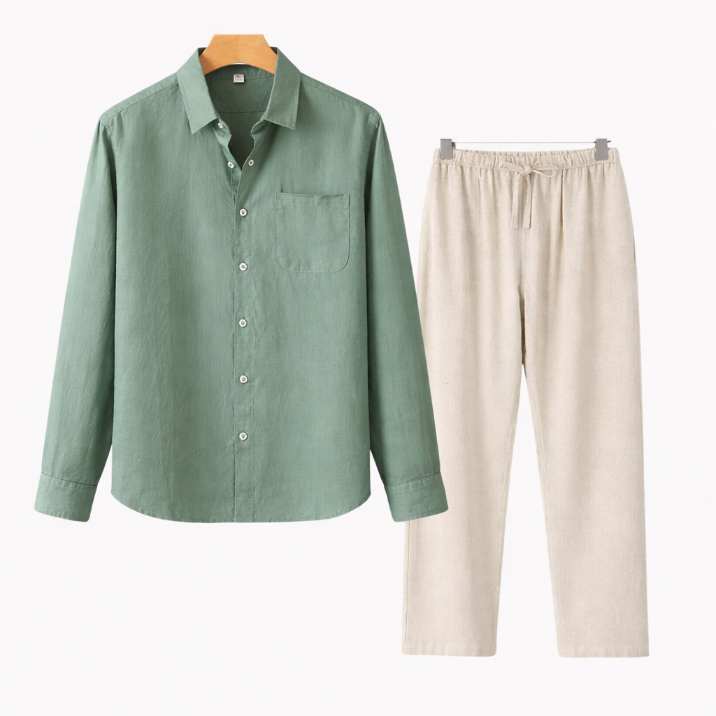 Koszula bawełniana, spodnie lniane, zestaw dla mężczyzn