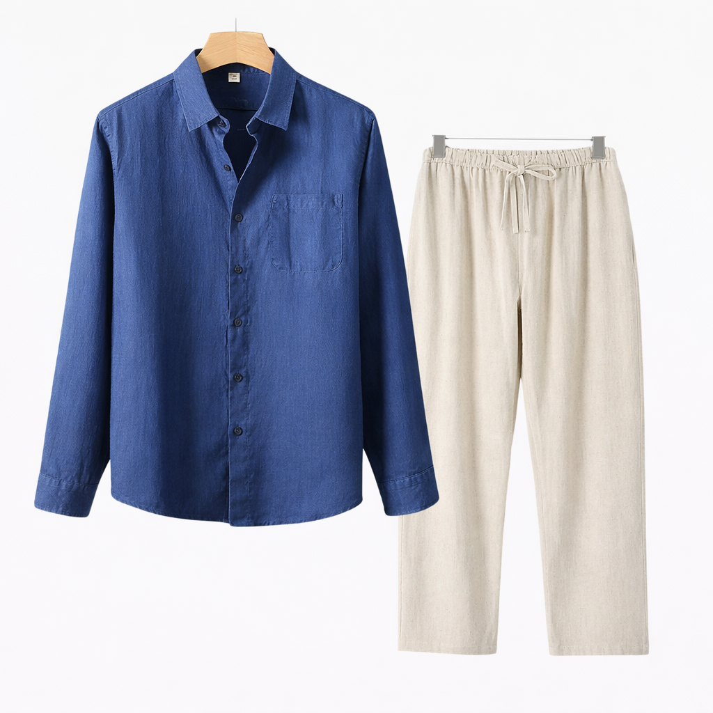 Koszula bawełniana, spodnie lniane, zestaw dla mężczyzn