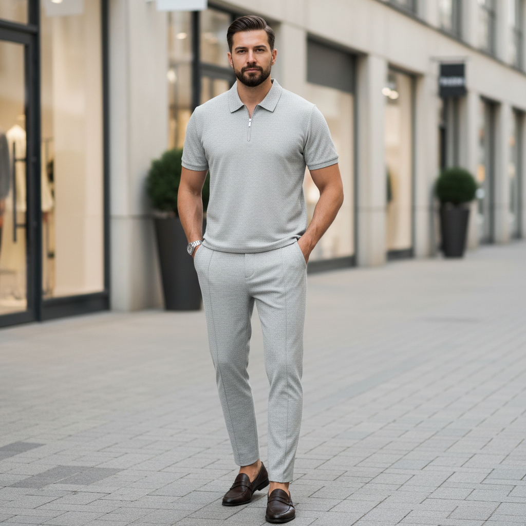 Dopasowany dzianinowy zestaw dresowy polo