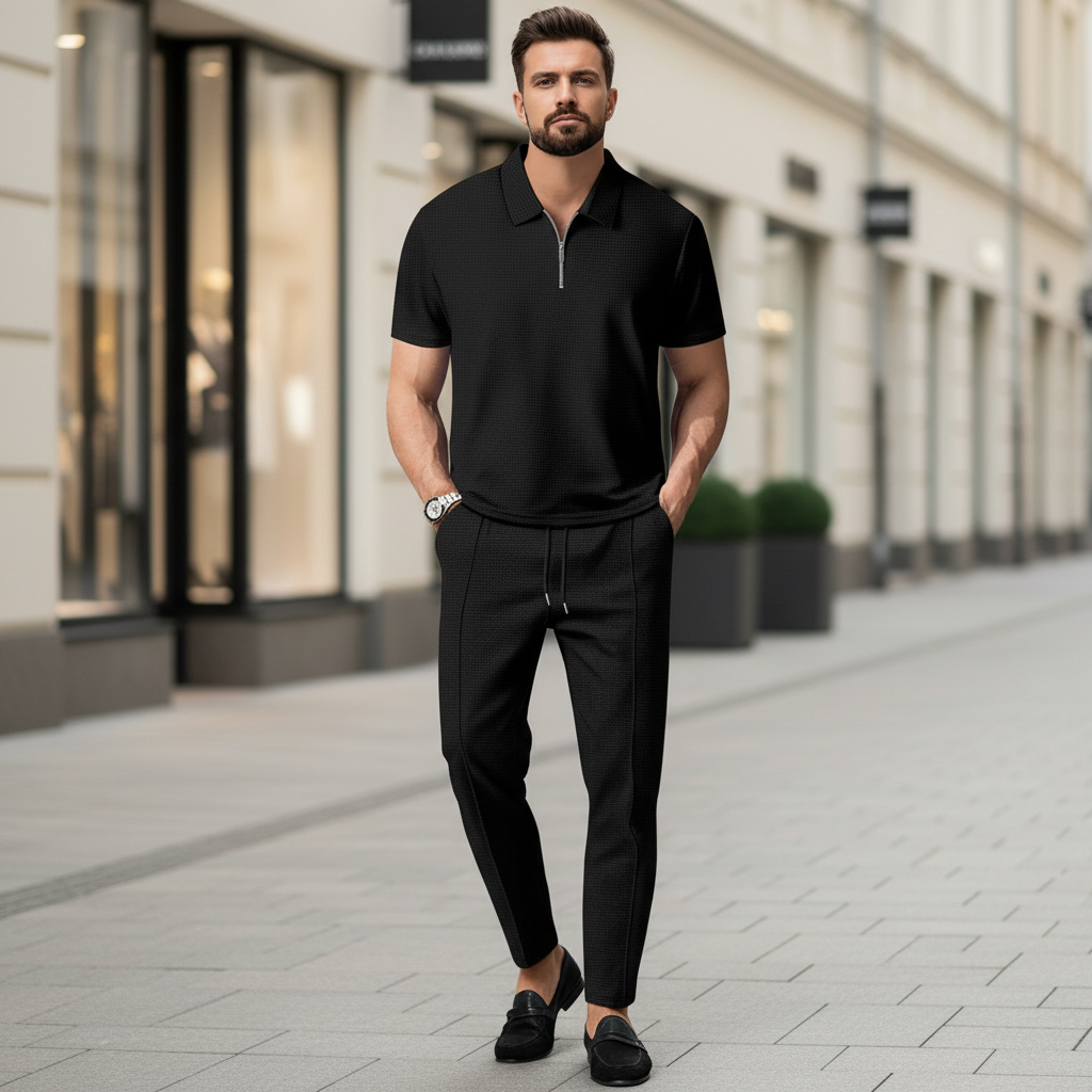 Dopasowany dzianinowy zestaw dresowy polo