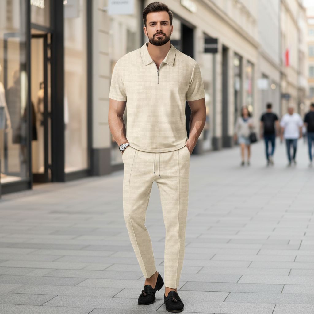 Dopasowany dzianinowy zestaw dresowy polo